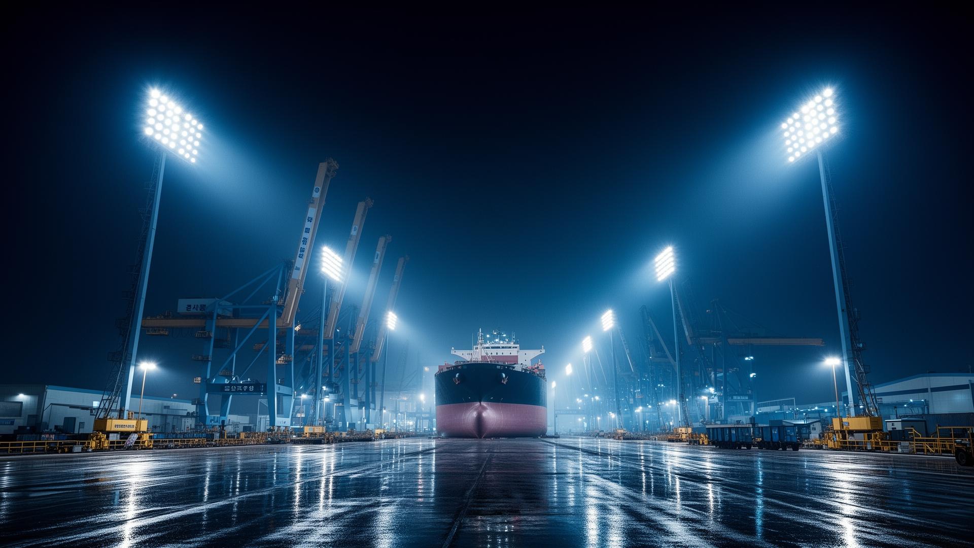 Industrial shipyard illuminated by high-mast LED floodlights at night